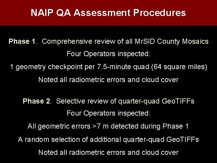 NAIP QA Assessment Procedures Phase 1. Comprehensive review of all Mr. SID County Mosaics