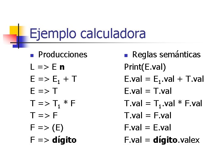 Ejemplo calculadora Producciones L => E n E => E 1 + T E