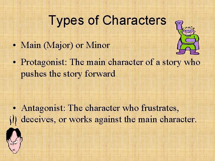 Types of Characters • Main (Major) or Minor • Protagonist: The main character of