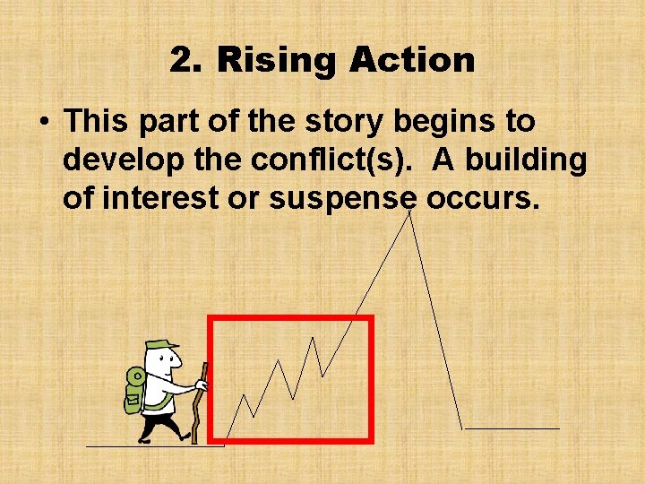 2. Rising Action • This part of the story begins to develop the conflict(s).