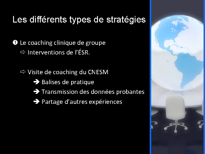 Les différents types de stratégies Le coaching clinique de groupe Interventions de l’ÉSR. Visite