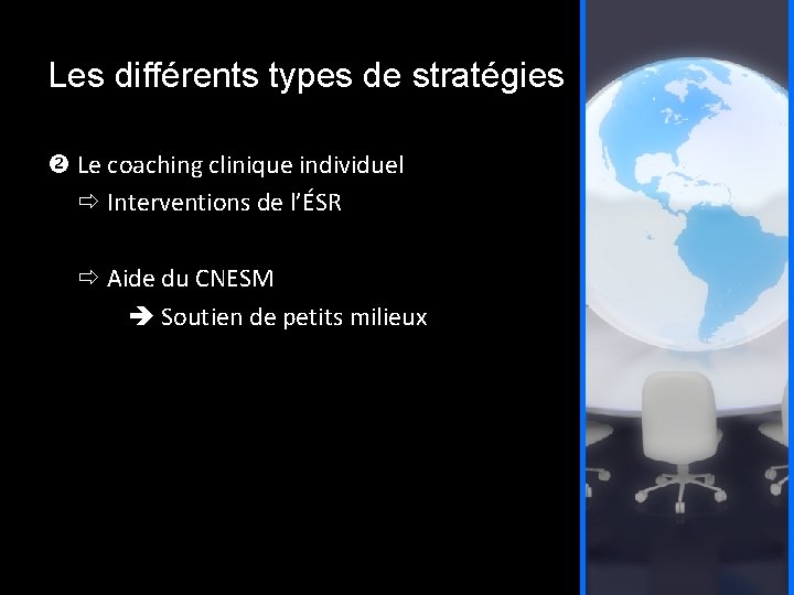 Les différents types de stratégies Le coaching clinique individuel Interventions de l’ÉSR Aide du