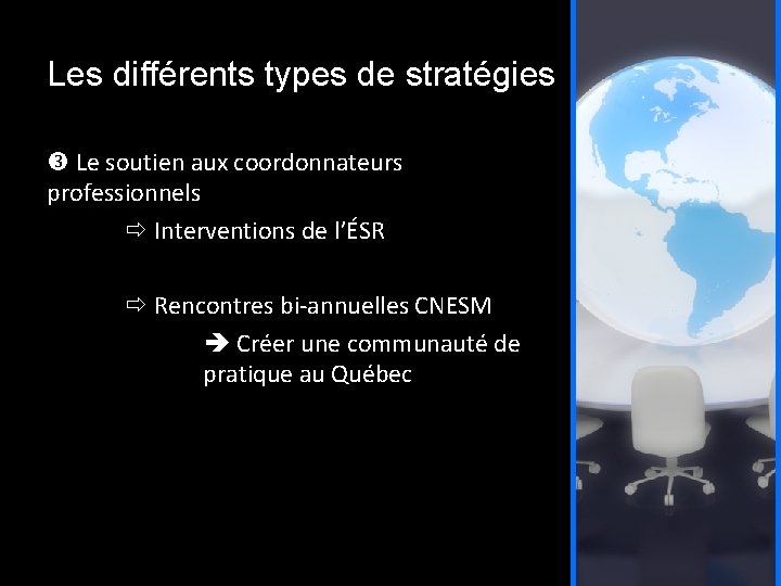 Les différents types de stratégies Le soutien aux coordonnateurs professionnels Interventions de l’ÉSR Rencontres