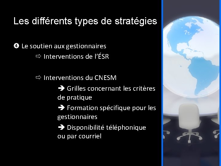 Les différents types de stratégies Le soutien aux gestionnaires Interventions de l’ÉSR Interventions du