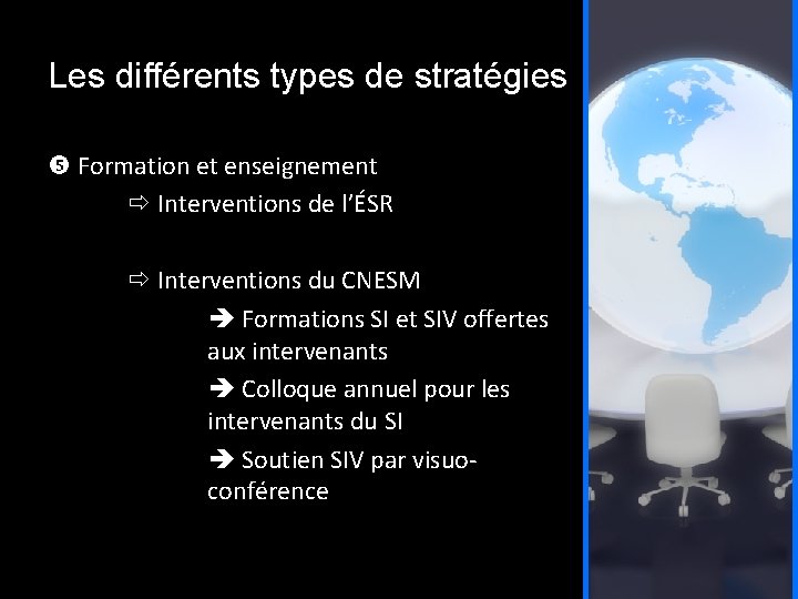 Les différents types de stratégies Formation et enseignement Interventions de l’ÉSR Interventions du CNESM