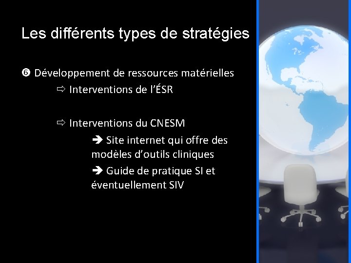 Les différents types de stratégies Développement de ressources matérielles Interventions de l’ÉSR Interventions du