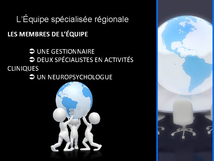 L’Équipe spécialisée régionale LES MEMBRES DE L’ÉQUIPE UNE GESTIONNAIRE DEUX SPÉCIALISTES EN ACTIVITÉS CLINIQUES