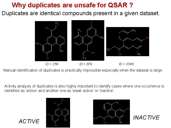 Why duplicates are unsafe for QSAR ? Duplicates are identical compounds present in a