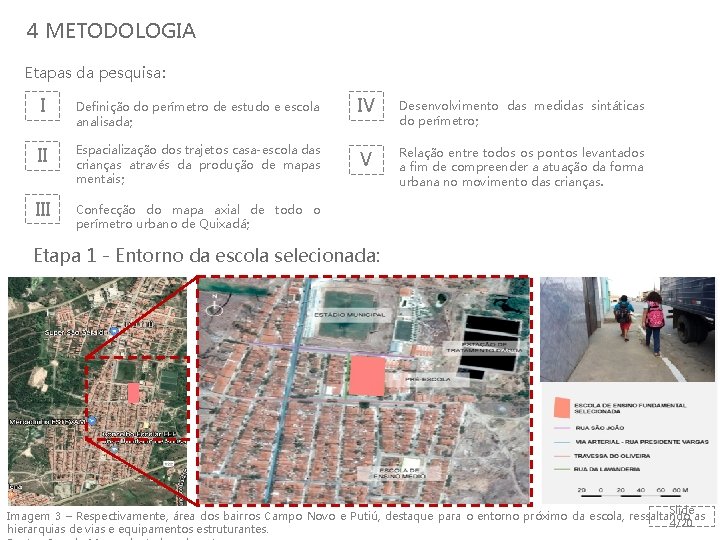 4 METODOLOGIA Etapas da pesquisa: I Definição do perímetro de estudo e escola analisada;