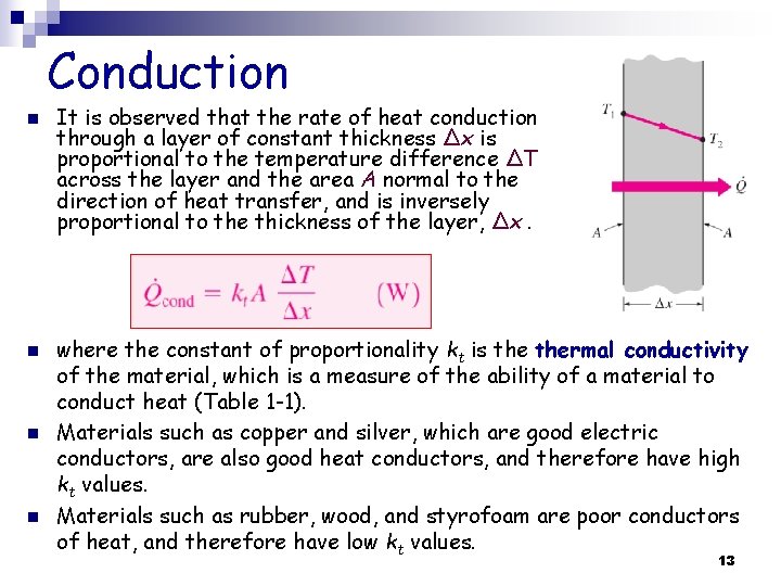 Conduction n n It is observed that the rate of heat conduction through a