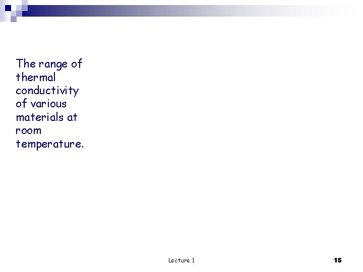 The range of thermal conductivity of various materials at room temperature. Lecture 1 15