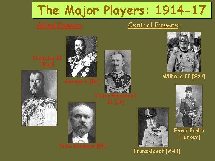 The Major Players: 1914 -17 Allied Powers: Central Powers: Nicholas II [Rus] Wilhelm II