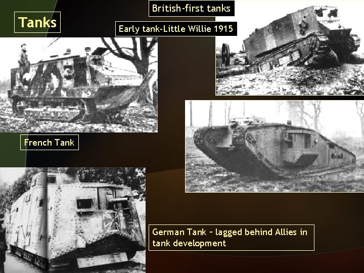 British-first tanks Tanks Early tank-Little Willie 1915 French Tank German Tank – lagged behind