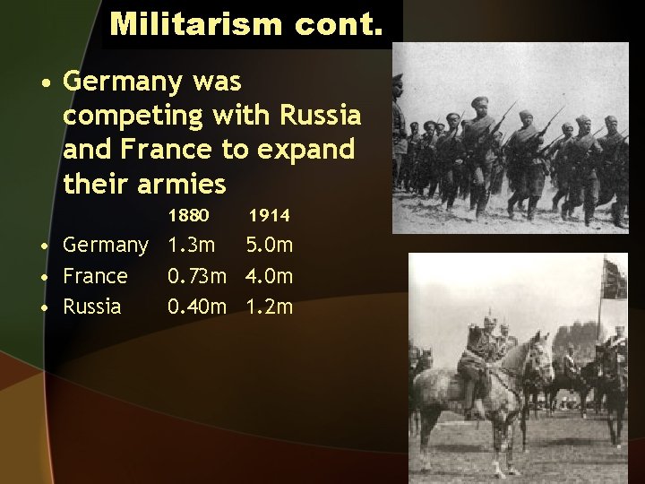 Militarism cont. • Germany was competing with Russia and France to expand their armies