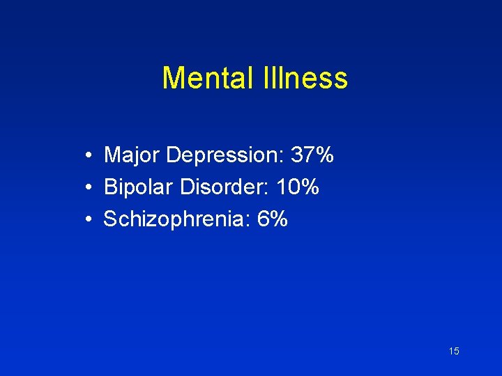 Mental Illness • Major Depression: 37% • Bipolar Disorder: 10% • Schizophrenia: 6% 15