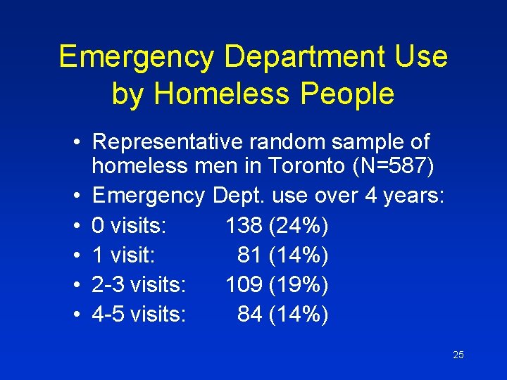 Emergency Department Use by Homeless People • Representative random sample of homeless men in