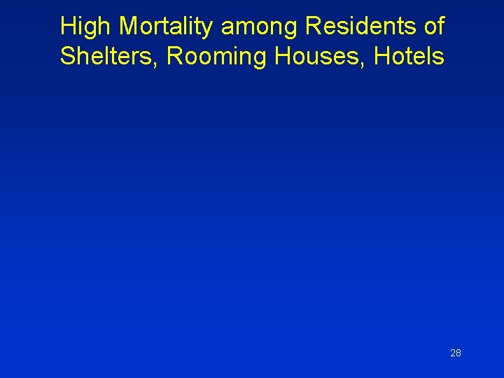 High Mortality among Residents of Shelters, Rooming Houses, Hotels 28 