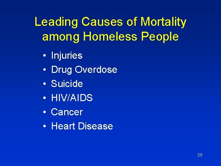 Leading Causes of Mortality among Homeless People • • • Injuries Drug Overdose Suicide