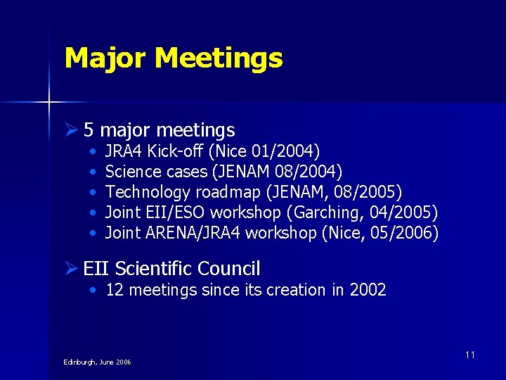 Major Meetings Ø 5 major meetings • • • JRA 4 Kick-off (Nice 01/2004) Major Meetings Ø 5 major meetings • • • JRA 4 Kick-off (Nice 01/2004)