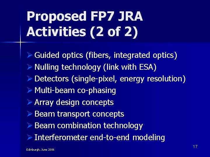 Proposed FP 7 JRA Activities (2 of 2) Ø Guided optics (fibers, integrated optics) Proposed FP 7 JRA Activities (2 of 2) Ø Guided optics (fibers, integrated optics)