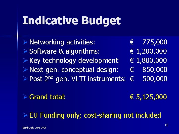 Indicative Budget Ø Networking activities: Ø Software & algorithms: Ø Key technology development: Ø Indicative Budget Ø Networking activities: Ø Software & algorithms: Ø Key technology development: Ø