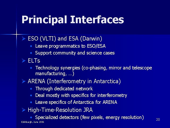 Principal Interfaces Ø ESO (VLTI) and ESA (Darwin) • Leave programmatics to ESO/ESA • Principal Interfaces Ø ESO (VLTI) and ESA (Darwin) • Leave programmatics to ESO/ESA •