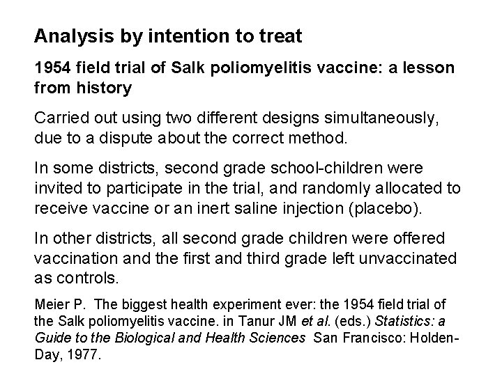 Analysis by intention to treat 1954 field trial of Salk poliomyelitis vaccine: a lesson