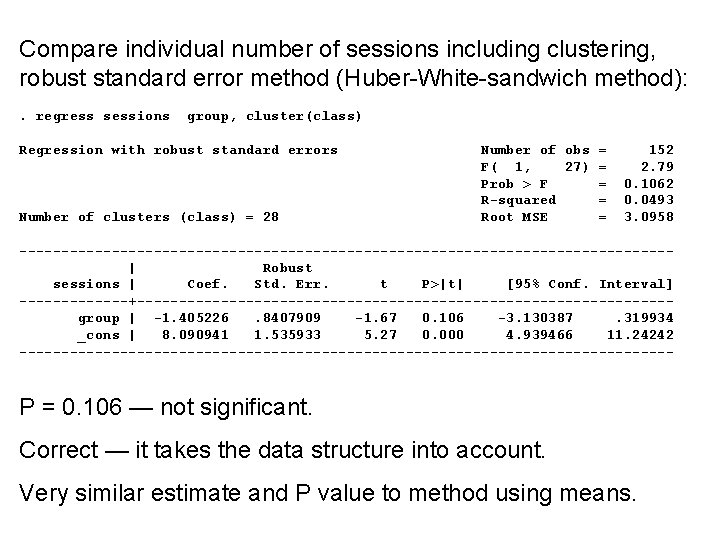 Compare individual number of sessions including clustering, robust standard error method (Huber-White-sandwich method): .