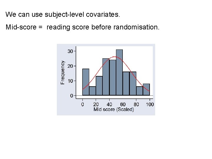 We can use subject-level covariates. Mid-score = reading score before randomisation. 