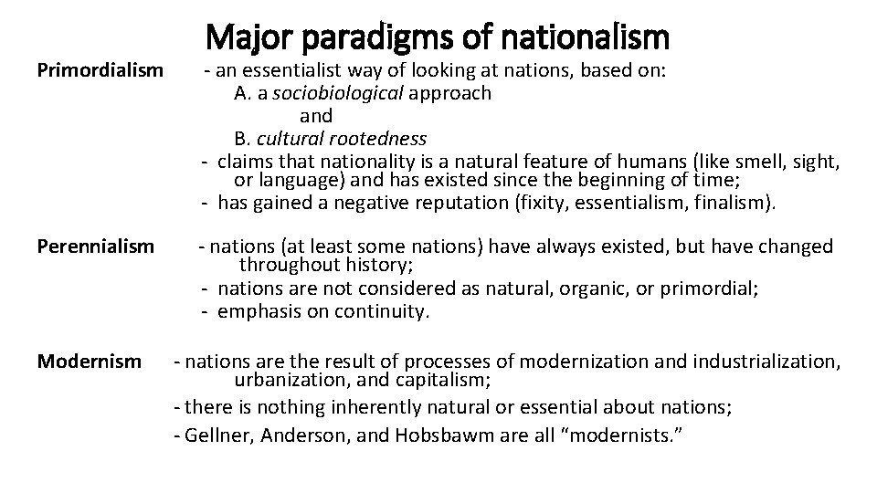 Major paradigms of nationalism Primordialism - an essentialist way of looking at nations, based
