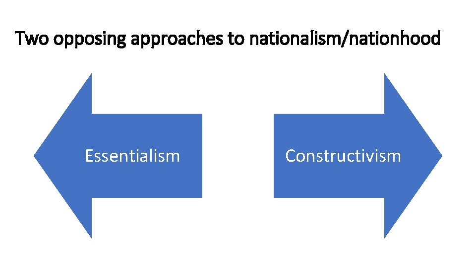 Two opposing approaches to nationalism/nationhood Essentialism Constructivism 