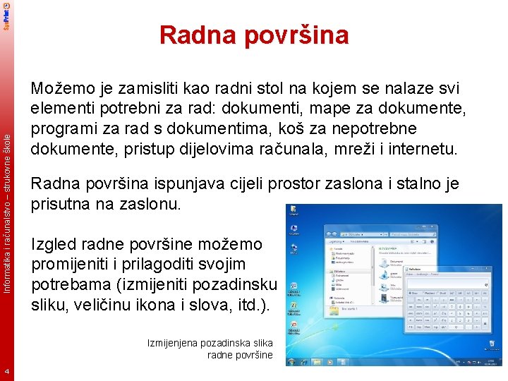 Informatika i računalstvo – strukovne škole Radna površina Možemo je zamisliti kao radni stol