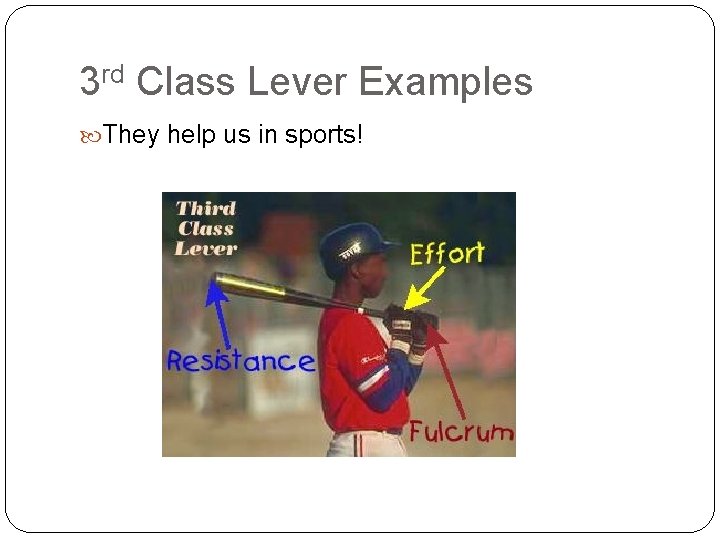 3 rd Class Lever Examples They help us in sports! 3 rd Class Lever Examples They help us in sports!