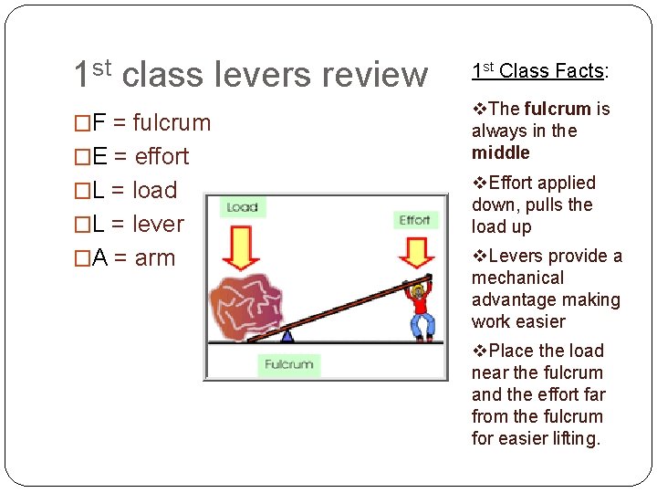 1 st class levers review �F = fulcrum �E = effort �L = load 1 st class levers review �F = fulcrum �E = effort �L = load