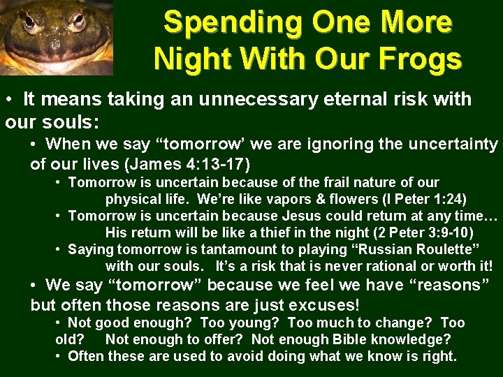 Spending One More Night With Our Frogs • It means taking an unnecessary eternal