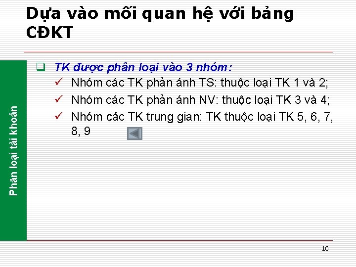 Phân loại tài khoản Dựa vào mối quan hệ với bảng CĐKT q TK