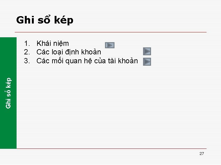 Ghi sổ kép 1. Khái niệm 2. Các loại định khoản 3. Các mối