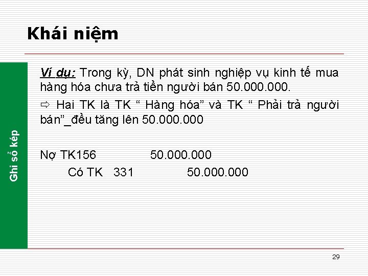 Khái niệm Ghi sổ kép Ví dụ: Trong kỳ, DN phát sinh nghiệp vụ