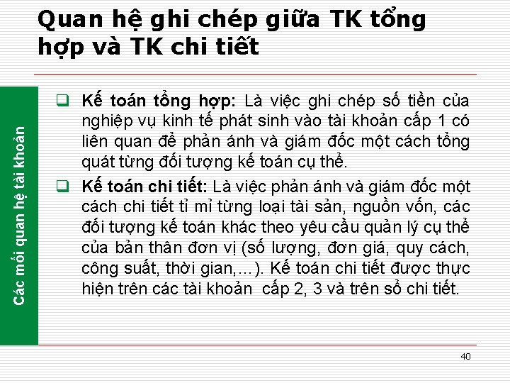 Các mối quan hệ tài khoản Quan hệ ghi chép giữa TK tổng hợp