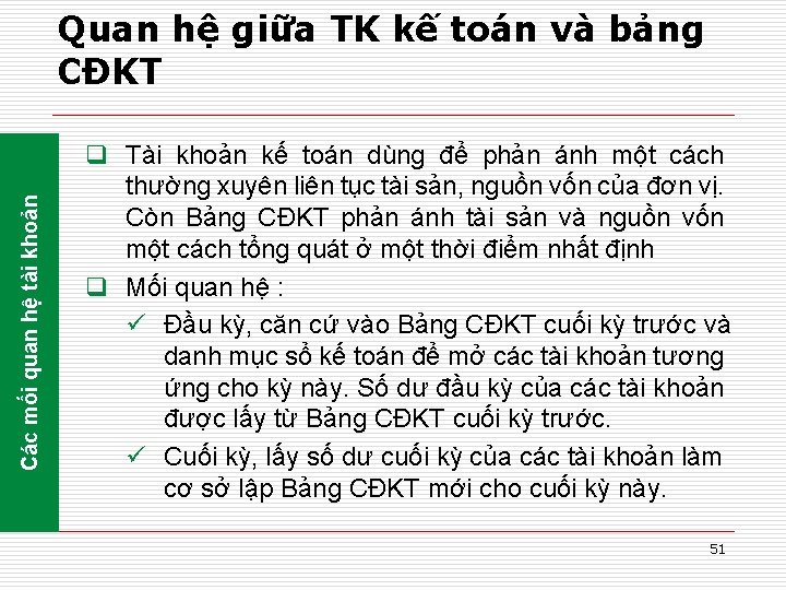 Các mối quan hệ tài khoản Quan hệ giữa TK kế toán và bảng