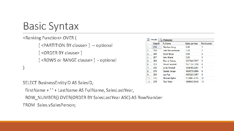 Basic Syntax <Ranking Function> OVER ( [ <PARTITION BY clause> ] -- optional [
