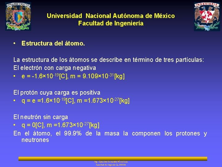 Universidad Nacional Autónoma de México Facultad de Ingeniería • Estructura del átomo. La estructura