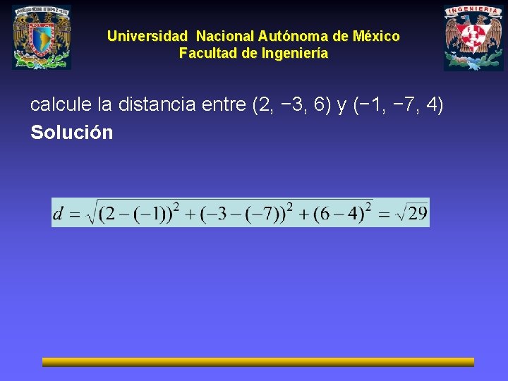 Universidad Nacional Autónoma de México Facultad de Ingeniería calcule la distancia entre (2, −