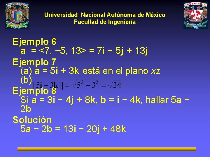 Universidad Nacional Autónoma de México Facultad de Ingeniería Ejemplo 6 a = <7, −