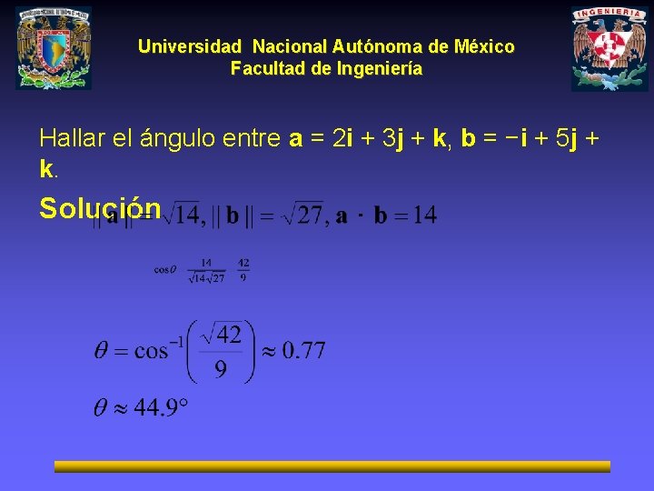 Universidad Nacional Autónoma de México Facultad de Ingeniería Hallar el ángulo entre a =