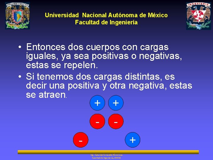 Universidad Nacional Autónoma de México Facultad de Ingeniería • Entonces dos cuerpos con cargas