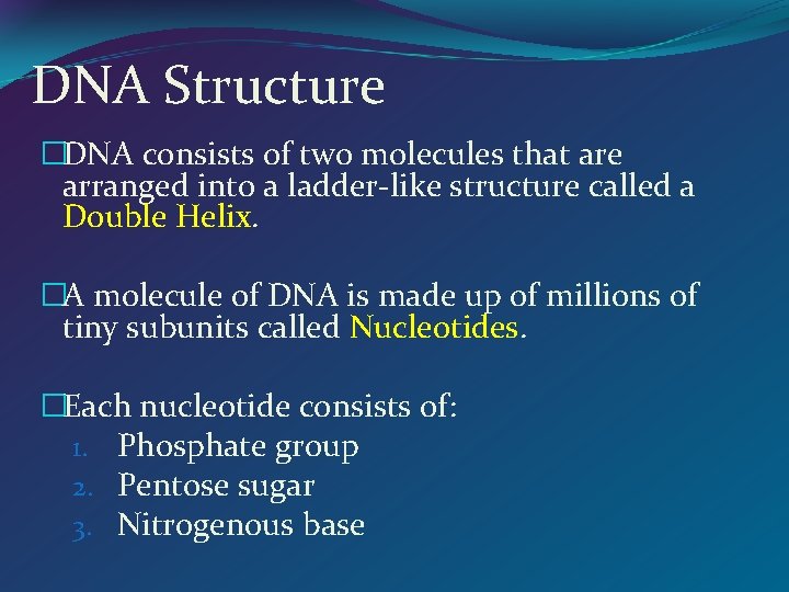 DNA Structure �DNA consists of two molecules that are arranged into a ladder-like structure
