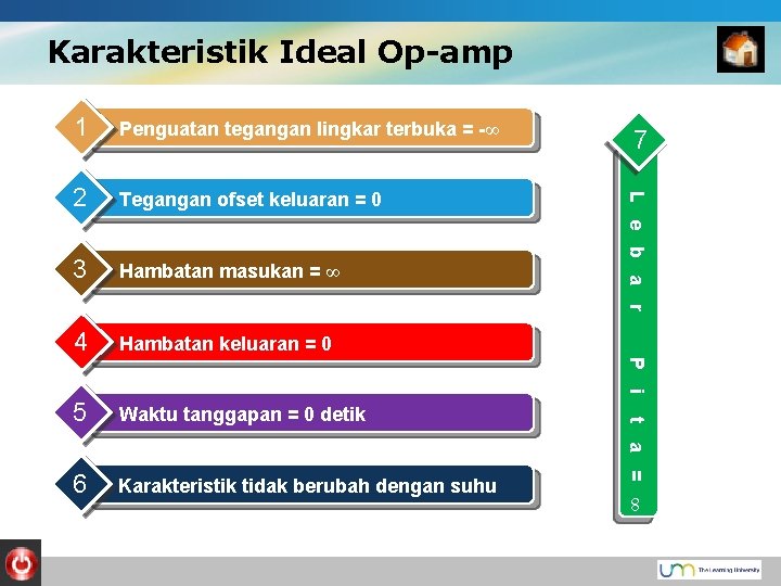 Karakteristik Ideal Op-amp 2 Tegangan ofset keluaran = 0 3 Hambatan masukan = ∞