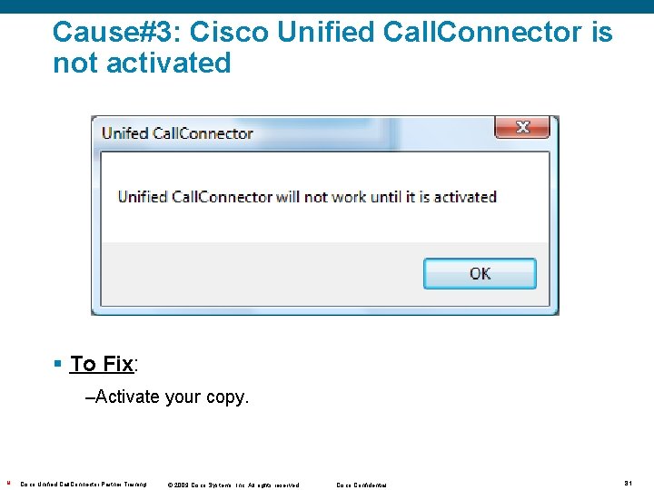 Cause#3: Cisco Unified Call. Connector is not activated § To Fix: –Activate your copy.