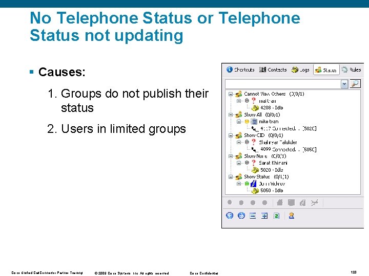 No Telephone Status or Telephone Status not updating § Causes: 1. Groups do not